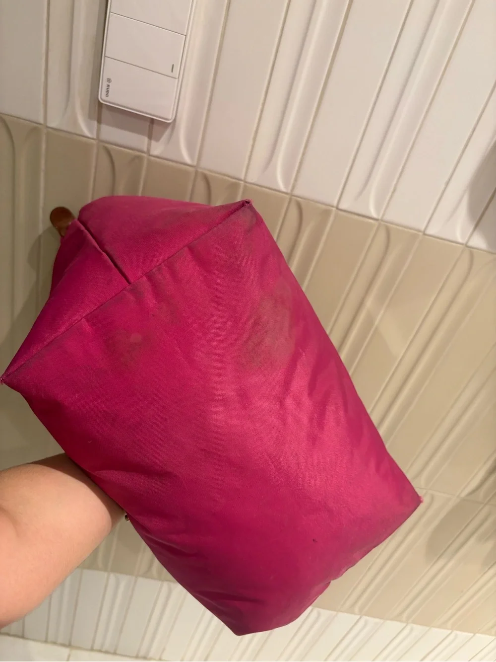 Longchamp Le Pliage Classic Tote Bag in Fuchsia with Brown Trim